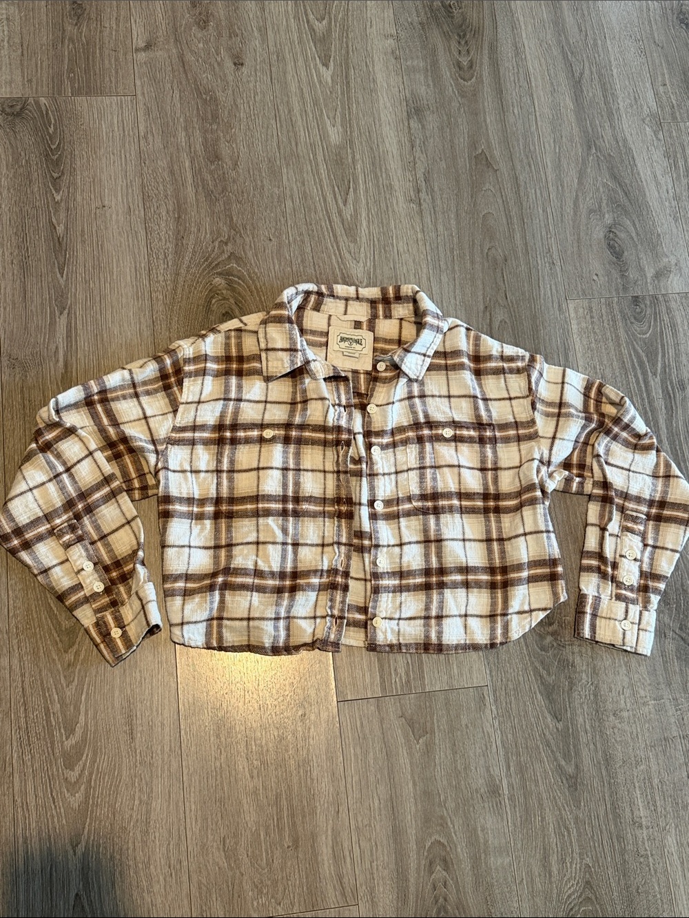 American Eagle Outfitters Cream and Brown Plaid Button-Down Shirt